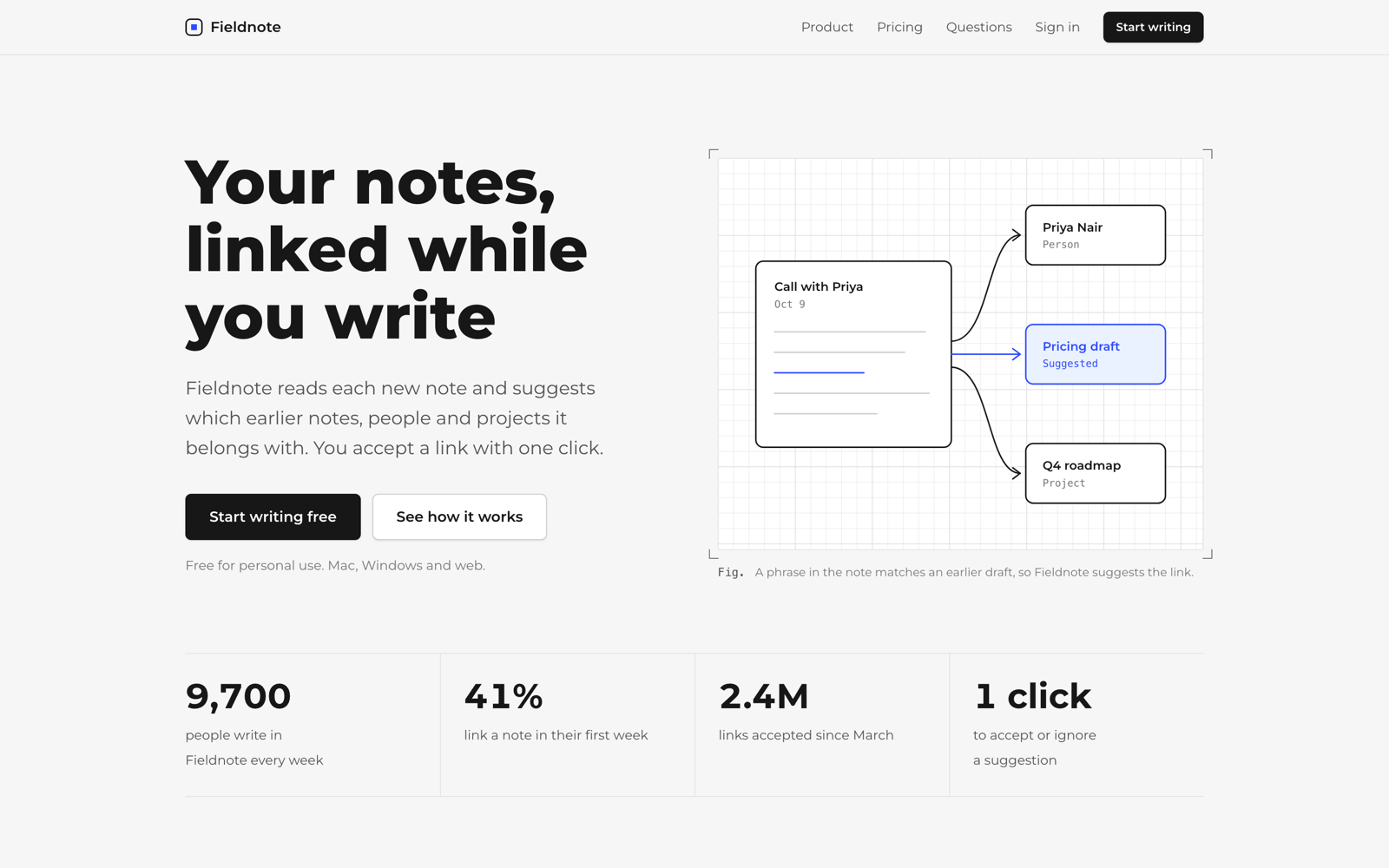Landing page example for a notes app